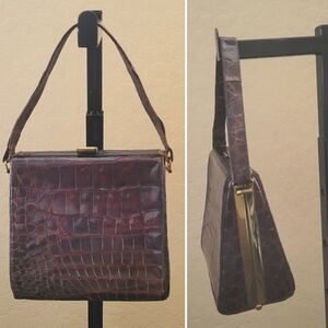 BASS 1940's Brown Alligator with Brass Closure and Trim‎ Satchel Bag